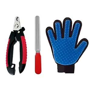 Emily Pets Combo of Glove with Professional Stainless Steel Tool Nail Clipper Cutter with Nail File for Cat & Dog- Red Black-Large
