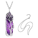 Runmeihe Amethyst Healing Crystal Stone Necklace, Tree Of Life Silver Wrapped Natural Quartz Gemstone Pendant Necklaces Jewelry, Good Luck Crystal Necklace For Women