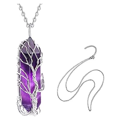 Runmeihe Amethyst Healing Crystal Stone Necklace, Tree Of Life Silver Wrapped Natural Quartz Gemstone Pendant Necklaces Jewelry, Good Luck Crystal Necklace For Women