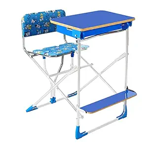 GettBoles Multipurpose School Desk for Kids with Wooden Table Top, Footrest and Padded Chair - Children Foldable Study Table with Attach Chair for 5 to 9 Years Students, Blue