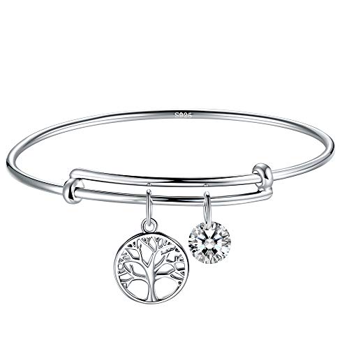 J.Endéar Femme Argent Bracelet, Arbre de Vie Bracelet Pour Femmes, Add-on Zircone Charms Argent Bracelet, Taille Réglable, Emballage Dans Boîte À Bijoux Élégant