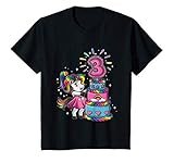 Dritter Geburtstag Geschenkidee für Mädchen: Einhorn mit großer Torte und Regenbogen als Geburtstagsdeko. Lustiges Shirt für drei Jahre alte Mädels, mit rosa Deko! Geburtstag Mitgebsel Idee.