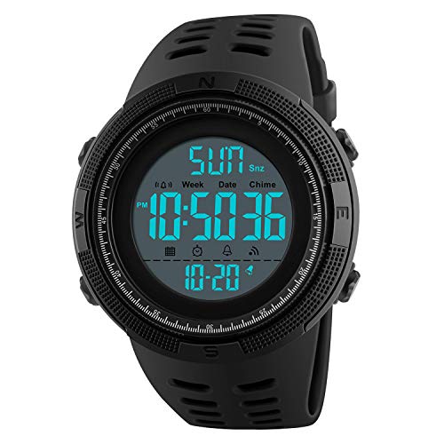 Digital Watch, Mens Sports Casual Military Electronic Watches Males Running Fashion Waterproof Wristwatch with Calendar Stopwatch Alarm - Black