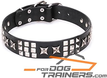 30 inch Black Leather Dog Collar with Chrome Plated Smooth Pyramids and Old Silver-Like Stars - 'Celestial Radiance' - 1 1/2 inch (40mm) wide