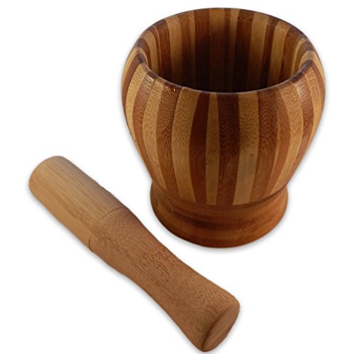 Design Bambus Mörser Holz mit Stößel Echtholz Mörser holzmörser knoblauchpresse gewürzmühle