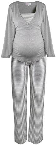 HERZMUTTER Comfortable Maternity Pajamas-Nightwear For Pregnant Women, Striped-Maritime Style, Out Of Soft Viscose, Available In Blue, Grey and White, (Grey, XL)