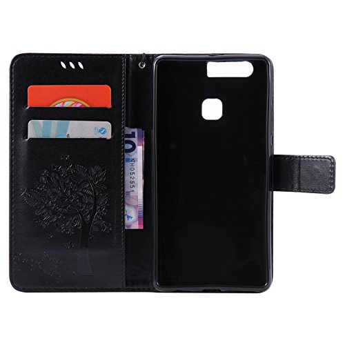 Cozy Hut Mehrfarbige PU Leder Klappe Tasche Schutz Hülle für Huawei P9 Plus in Ölmalerei Stil Colorful Painting Flip Case KunstLedertasche Etui Schutz Hülle Handytasche mit Standfunktion Kartenfächern(Katzen und Baum) – schwarz - 6