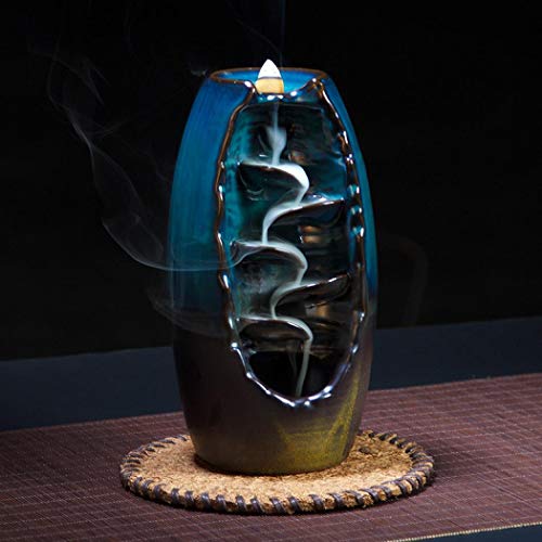 Backflow Incense Burner, Ceramic Incense Cone Burner Backflow Incense Holder Incense Stick Holder Office Home Decoration Handicraft Gift with 10 Free Cones Blue Jar