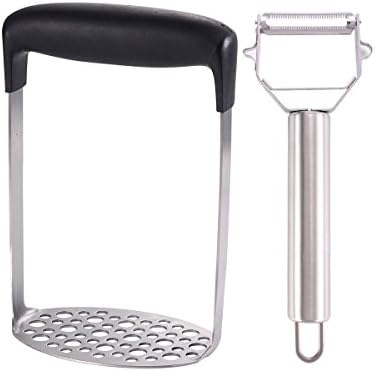 FAMIWORKS Heavy Duty Stainless Steel Potato Masher with Vegetable Peeler Set, Comfortable Hand Mashed Potatoes Crusher / Ricer / Fruit Press
