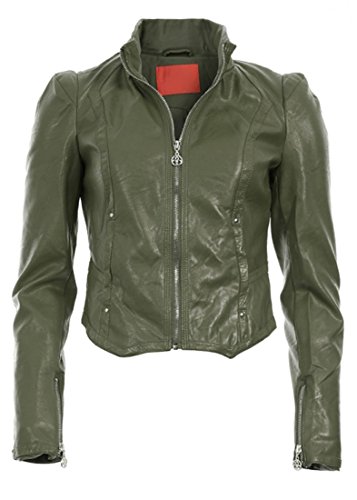 Khaki XL-14 Mina New Womens Faux Leather Biker Gold Button Zip Crop Ladies Jacket Coat