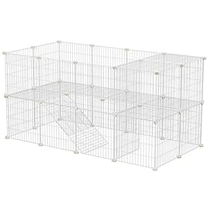 SONGMICS Parque para Mascotas, 2 Niveles, Jaula Modular, para Animales Pequeños, Hámsters, Conejos, Cobayas, Paneles de Malla Metálica, Uso Interior, 143 x 73 x 71 cm, Blanco LPI02W