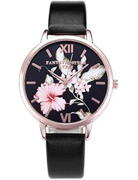 JSDDE Uhren,Vintage Klassische Blumen Damen Armbanduhr Basel-Stil Quarzuhr PU Lederband Rosegold Analog Quarzuhr...