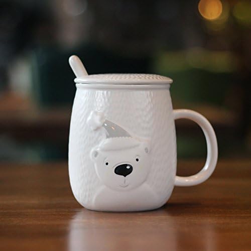 MOCER Cartoon 3D Rilievo Bear Ceramic Mug with Lid and Spoon Cute Creative Porcelain Moring Mug for Milk Coffee Tea Drinks SH342,C