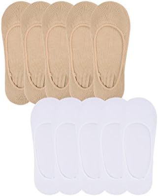 sourcingmap® Woman 10 Pack Elastic Cuffs Low Cut Invisible Anti-Slip Boat Socks Beige+White