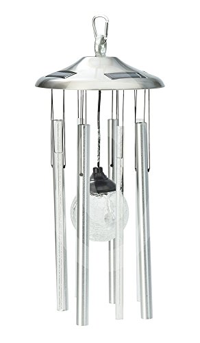 LED Solar Windspiel Edelstahl Echtglas XL mit Kristall Kugel in der Mitte mit LED Beleuchtung – Komi aus Windspiel beleuchtet und Klangspiel – Premium Qualität - 2