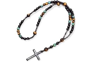 Textiles 4 Home Catholic Rosary Beads Necklace For Women Men Hematite Cross Pendant with Tigers Eye, African Turquoise and Hematite Beads Gift Boxed