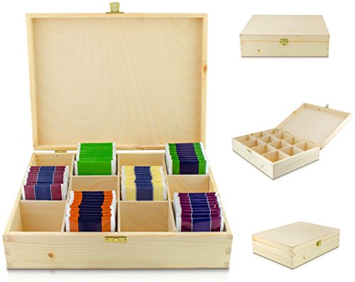 Teebox mit Deckel aus Holz mit 12 Fächern – Kiefer Naturbelassen Unbehandelt – ca. 29 x 22 x 8 cm – Venkon ® - 2