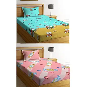 NEW LEAF Cotton Feel Soft and Smooth Cartoon Printed 2 Single Bedsheets Special for Kids or Your Baby with 2 Matching Pillow Covers (Bus Car Jeep & Candy)