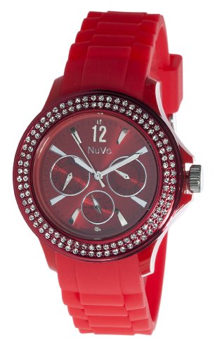 Nuvo - NU 133 - Armbanduhr fr Damen - Quartz - Analog - Roteses Armband aus Silikon - Swarovski Elemente und Diamanten - Modisch - Elegant - Stylish -