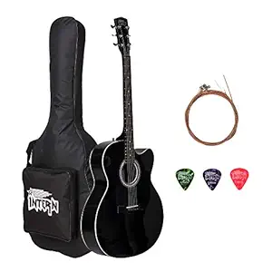 Intern Made in India Acoustic Guitar package. 39 inches Cutaway Guitar with Truss Rod. Durable and long lasting with Carry bag, strings, picks and allen key, black, full (INT-IN39C-BK)