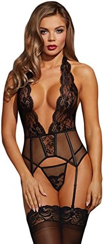 Ladies Sexy Lingerie Black V-Neck Halter Sleeveless Backless Pants Two-Piece Pajamas,Black,S