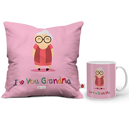 Indigifts I Love You Grandma Quote Cute Grandma Pink Mug 330 ml and Cushion Cover 12