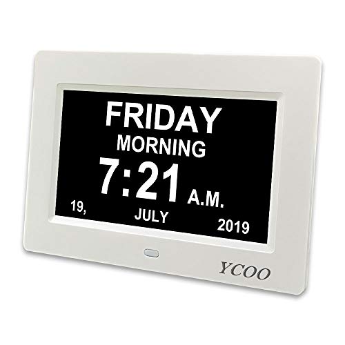 YCOO [2019 Newest] Digital Calendar Day Clock with 7 inch Display Digital,12 alarms Clocks for people living with Dementia, Memory Loss Alzheimer,Digital Photo Frame(7" White)