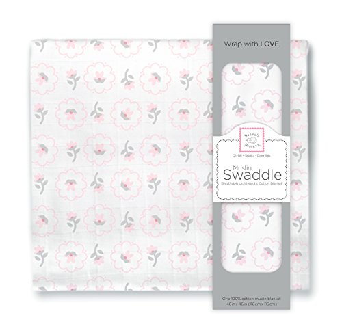 SwaddleDesigns X-Large Cotton Muslin Swaddle Blanket, Pastel Pink Posies