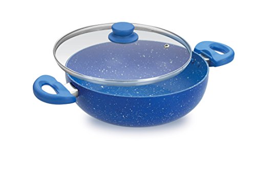 Crystal Marbo Plus Induction Bottom Nonstick kadai | Glass Lid | 250 mm | Thickness: 3mm | 5 Layer Coating | Metal Spoon Friendly | Blue