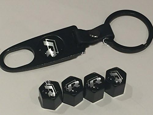 4 x VW Black Tyre Valve Dust Caps WITH KEY RING (fits Volkswagen) alloy R line