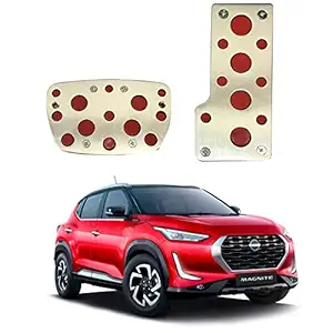Oshotto 2 Pcs Non-Slip Automatic Transmission CS-04 Car Pedals Kit Pad Covers Set Compatible with Nissan Magnite (Red, Chrome)