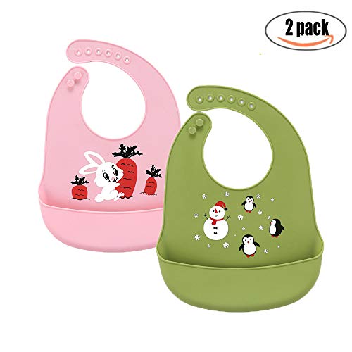 HyAiderTech Baberos del bebé, Silicona Impermeable Bebé Baberos Fácilmente limpia Limpie Silicona Alimentación baberos - Bolsillo de Saliva Súper Suave y Súper Ligero 2 Pack
