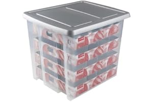 SUNWARE PERFECTLY ORGANISED SUNWARE Nesta Weihnachtsbox 45 Ltr mit Tabletts für 64 Weihnachtskugeln (Ø70-80mm)- transparent/silber
