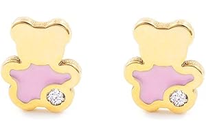 MONDE PETIT Pendientes Oro Bebe o Niña Oso esmalte rosa y circón (9kts) - Estuche Regalo - Certificado de Garantía - Mondepetit