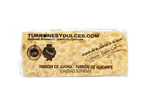 Turrón duro Alicante artesano. Tableta o barra de 300 gramos - Turrones Fabián - ¿Cuál es nuestro secreto? Turrón elaborado en Jijona con Almendra marcona Mediterránea de primera calidad. Tiene la Denominación de Origen Jijona-Alicante. Es artesano. - Ingredientes Naturales: Almendra tostada (61%), Miel (21%), clara de huevo, azúcar y oblea (fécula de patata, aceite) - Elaborado en Jijona, Alicante.