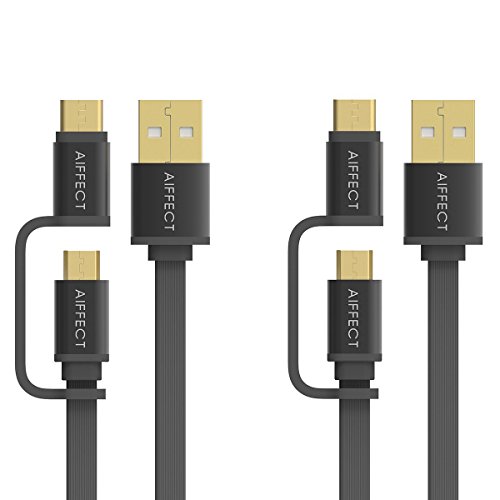 AIFFECT 3.3Ft 2 in 1 USB Cable, Micro B to Type A Data &amp; Charging Cable with Type C Converter for Android and Type C Phones and Tablets - Black (2x Black)