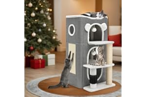 YITAHOME Niche pour Chat d'intérieur - Niche Moderne avec Grotte routière, Poteau griffoir et démangeaisons, Support d'escalade, Cube de Jeu pour Plusieurs Chatons (Gris)