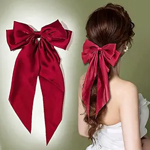 GRACIOUS MART Women Vintage Satin Silk Two-layers Ribbon Bow Hair Clip Bowknot French Barrettes Handmade Hair Accessories For Party - Pack of 1 (Red)