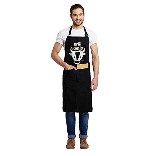 Inhoma Grillschürze bedruckt: „Grill König“ in Schwarz | 100% Baumwolle | Barbecue-Schürze mit praktischen Taschen & verstellbarem Nackenband | extra groß 1x1m | Männergeschenk | mit Spruch - 3