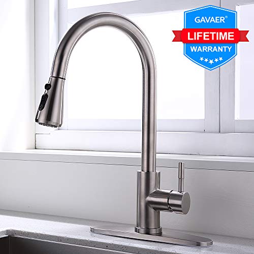 LABABE Kitchen Faucet with 3 Functions Pull Down Sprayer, Single Handle Brushed Nickel Stainless Steel Kitchen Sink Faucet with Deck Plate.