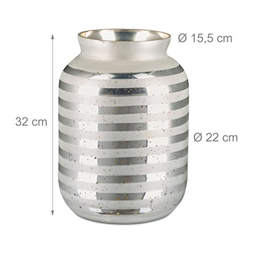 Relaxdays Deko Vase mit Streifenmuster, Bodenvase 32 cm, aus Glas mit großer Öffnung, matt und verspiegelt, HBT: 32 x 22 x 22 cm, silber - 4