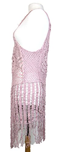 FREE UK P&P Long crochet waistcoat, sleeveless cardigan with tassels - festival wear, hippy, 70s, vintage, - one size regular (Pink)