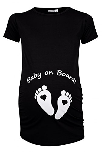 Happy Mama Para Mujer Camiseta premamá estampado Baby on Board y Bebé pies. 199p (Negro, EU 38/40, L)
