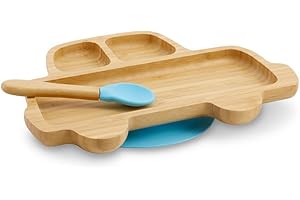 BIOZOYG Zestaw bambusowych talerzy do samochodu I Talerz przyssawka z łyżką - certyfikat FSC I uroczy zestaw misek drewnianych bambusowych dla dzieci - talerz pt. Dziecko I Baby Bambus Niebieski