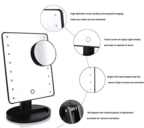 eBasic LED Beleuchtung Make-up-Spiegel mit ein kleine 10 x fach Kosmetikspiegel, 180º Drehbar mit Touch-Schalter Ultra-High Definition Standspiegel Schminkspiegel Tischspiegel Batteriebetrieben (Schwarz) - 4