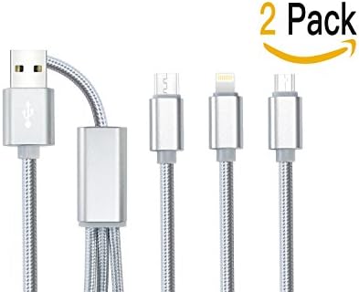 Multiple USB Charging Cable, [2 Pack] USB Type C / 8 Pin Lightning / Micro USB 3 in 1 Nylon Braided Universal Charger Data Cable Charge Cord Connector for iPhone, iPad and Android Smartphone (1.5m, Silver)