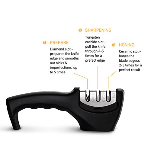 Messerschärfer, HoLife Messerschleifer Manueller Knife Sharpener Schleifstein mit 3 Stufen für Keramikmesser, Stahlmesser, Kochmesser usw(Schwarz) - 4