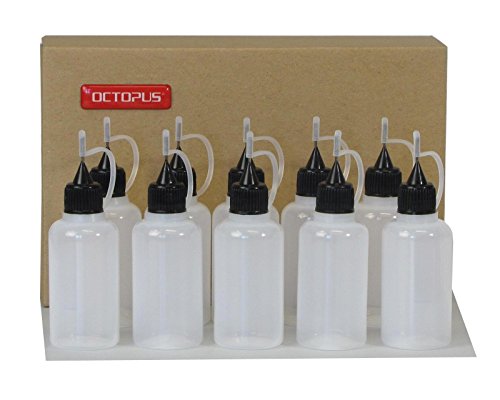 10 x 30 ml Octopus Nadelflaschen, E-Liquids Quetschflaschen für E-Shishas und E-Zigaretten, Öle, Farben und Klebstoffe, leere LDPE Kunststoffflaschen für Verdampfer / Depots / Clearomizer mit schwarzen Nadelkappen, inkl. 10 Beschriftungsetiketten