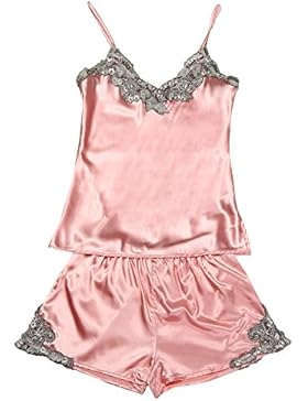 Nachthemd für Damen,Honestyi Schlinge bestickt Nähen Nachahmung Seide Reizvoller Pyjama einstellen Nachthemd Dessous-Sets...