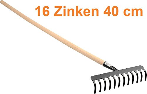 Harke Rechen Laubrechen mit Holz Stiel 16 Zinken 40cm